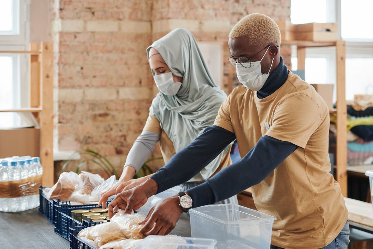Volunteers preparing food donations